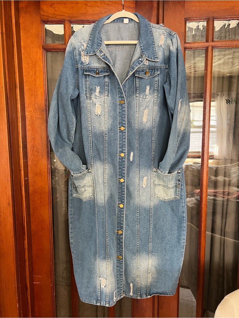 Boutique Long Denim Jean Jacket Distressed Button-Front with Pockets